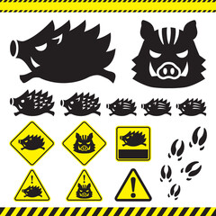 イノシシ注意標識と足跡のセット