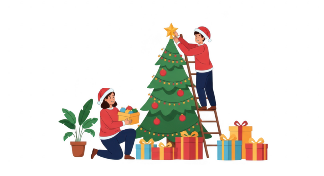 Two people decorating a christmas tree with ornaments and a star, isolated on transparent background