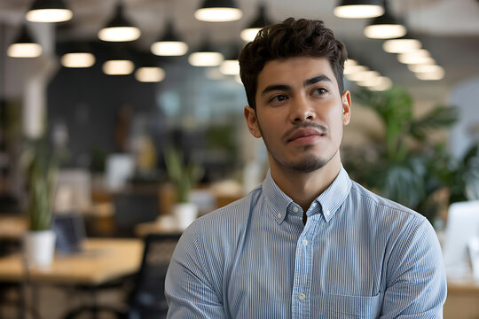 Close-up portrait of a thoughtful young handsome businessman or entrepreneur in a striped shirt looking away contemplating the future in a blurred modern open-plan office environment