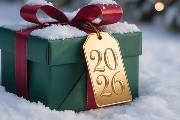 Green gift box with red ribbon and 2026 tag in snow