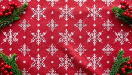 Festive winter celebration holiday decor christmas theme cozy indoor setting aerial view vibrant red and white snowflake pattern with evergreen touch