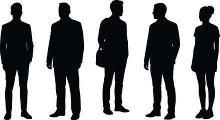 Vector collection of five business people silhouettes standing in a row featuring men and woman isolated on white background for corporate team concepts.