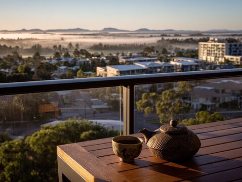 Morning tranquility on a high balcony as soft golden light drifts across mist-covered hills and quiet rooftops, with a lone teapot welcoming the rising day