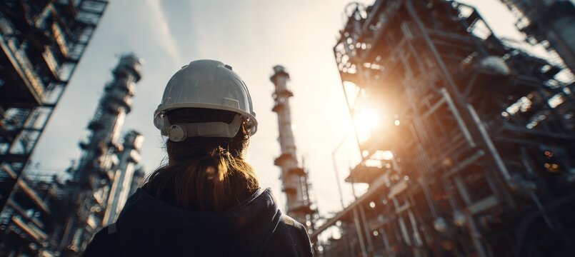 Industrial worker inspecting a refinery with a hard hat on.