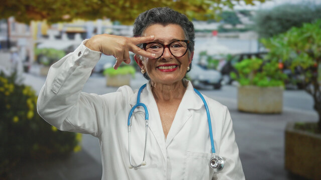 Smiling senior woman doctor with grey hair poses outdoors in an urban street setting, making a peace sign gesture in front of her eye while wearing a white coat and stethoscope.