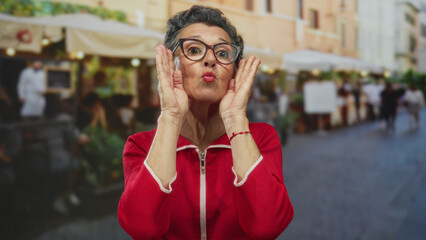 Fototapeta premium Senior woman with grey hair making funny faces outdoors in a vibrant old town street setting, surrounded by urban architecture and lively atmosphere.