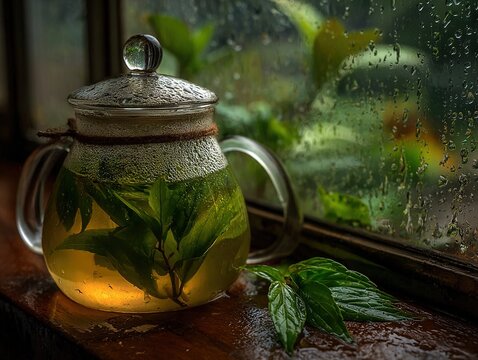A softly glowing glass teapot steeping fresh green leaves beside a rain-streaked window, capturing a tranquil moment of herbal warmth and gentle storm-lit calm