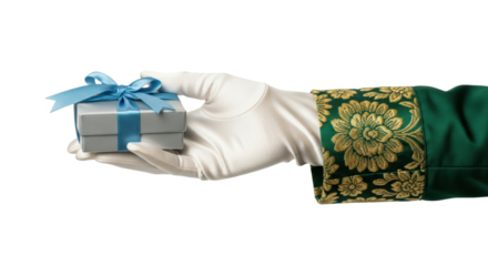 Isolated hand in white glove holds gift wrapped in blue ribbon for festive occasion
