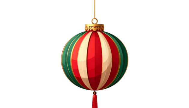 Festive Christmas ornament with red, white, and green stripes, hanging against a white background.