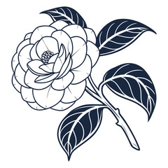 Detailed Line Art Of A Camellia Flower On Stem bloom blossom