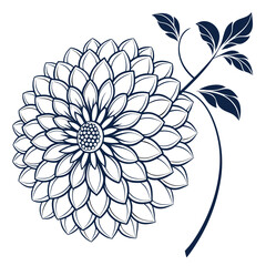 Dark Blue Dahlia Flower with Branch and Leaves Line Art floral bloom