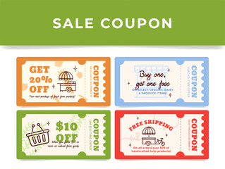 Farmers market sale coupon design templates offering discounts on organic produce and free shipping.