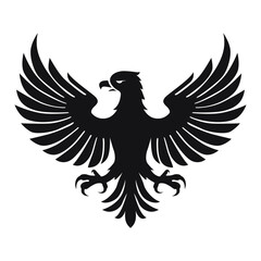 Silhouette of an eagle with its wings spread wide on a white background in a minimalist vector design, symbolizing freedom and strength.