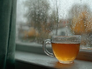 A clear cup of warm amber tea resting on a windowsill as raindrops stream down the glass, creating a quiet, reflective moment in the soft muted afternoon light