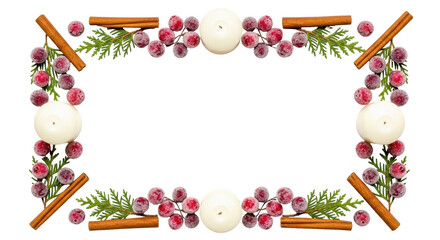Isolated holiday candle arrangement with cranberries, cinnamon, and evergreen sprigs festive