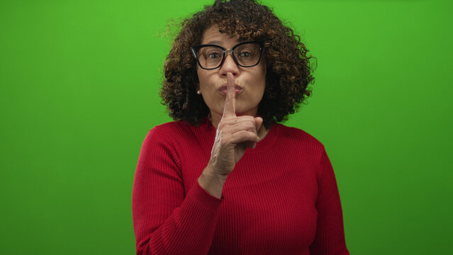 Hispanic middle age woman in red sweater finger to lips for silence in studio set with bright green background; secrecy.