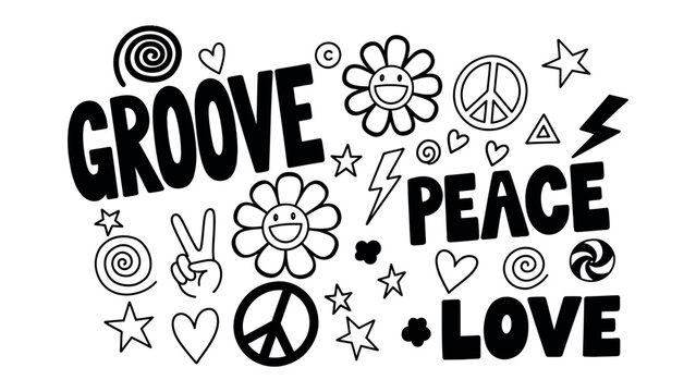 Groove, Peace and Love: A lively composition showcasing the essence of 'Groove', 'Peace', and 'Love' through hand-drawn illustrations. It conveys a cheerful message with delightful elements.