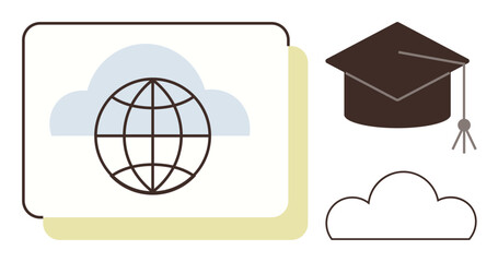 Globe symbol and cloud signify online connections, data sharing, and global reach, while academic cap emphasizes education. Ideal for e-learning, knowledge exchange, innovation, technology, academic