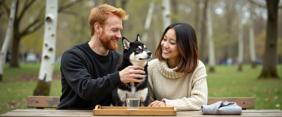 Couple enjoying picnic in park with dog, smiling and relaxed