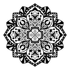 Hand-drawn Mandala design, mandala art, nature mandala with floral and abstract lines. Black and white background with mandala design to textiles, henna painting and background for your art. No ai.