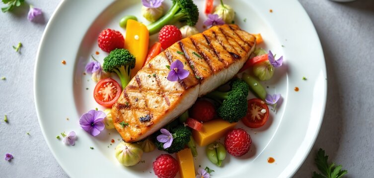 Grilled salmon fillet served with mixed fresh vegetables and edible flowers on white plate. Culinary presentation with fish, broccoli, tomatoes, raspberries. Tasty dish on table for lunch or dinner. - Powered by Adobe