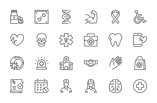 Medicine icon set. Cardiogram, first aid kit, medical, hospital, medical mask, doctor, nurse, pharmacy, cancer, tablets bottle, x-ray,disabled, prescription, etc. Vector illustration. Editable stroke.
