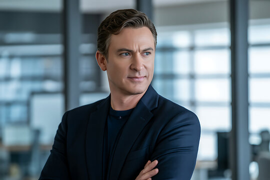 Close-up portrait of a confident serious male ceo or executive in a dark blazer looking thoughtfully to the side against a blurred modern glass-walled corporate office background