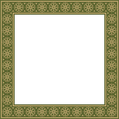 Vector square gold with green ancient Russian ornament. Slavic rectangle, border, frame. Painting of the royal chambers.