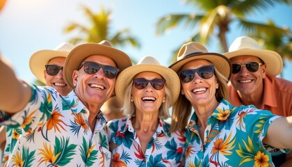 Group of happy adults wearing straw hats and sunglasses taking a tropical selfie outdoors