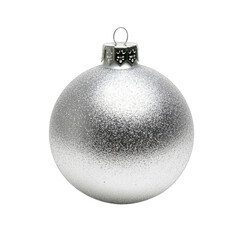 A single textured silver christmas ornament hangs against a transparent background