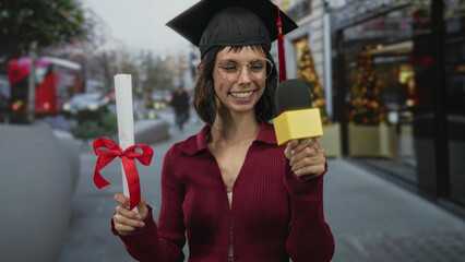 Woman holding diploma scroll and microphone while smiling on busy city street; pride achievement success.