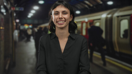 Woman points finger with outstretched arms at crowded indoor train station platform; curiosity connection.