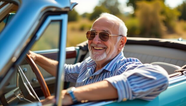 Happy senior man with white beard driving a vintage blue convertible car on a sunny day - Powered by Adobe