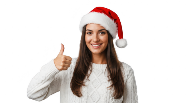 Woman in santa hat giving thumbs up, isolated on transparent background