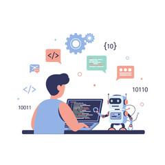 Fototapeta premium Programming with AI A Developer and Robot Coding Together