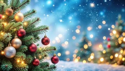 Festive holiday celebration christmas tree display winter wonderland nighttime glow bokeh background joyful atmosphere for seasonal decor inspiration