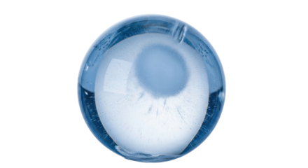 Isolated blue glass sphere with light center and textured glass exterior, macro studio shot