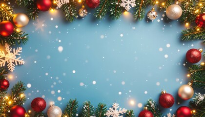 Festive holiday decorations winter wonderland digital artwork cheerful atmosphere eye-level view captivating christmas spirit with ornaments and snowflakes