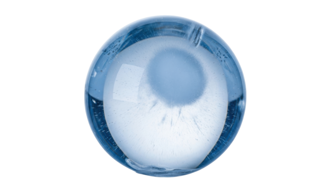 Isolated blue glass sphere with light center and textured glass exterior, macro studio shot