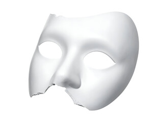 Naklejka premium White theatrical face mask with broken lower edge and empty eye holes on isolated background
