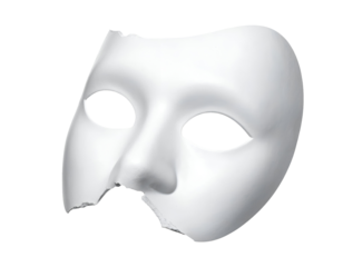 White theatrical face mask with broken lower edge and empty eye holes on isolated background