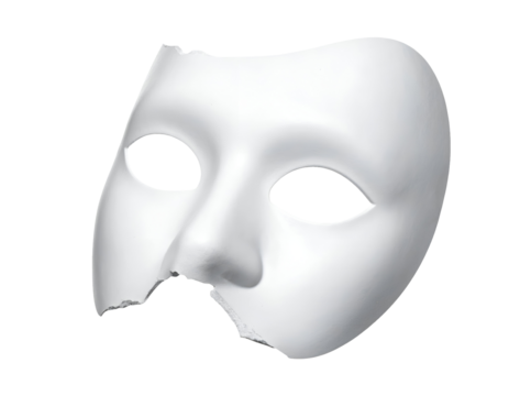 White theatrical face mask with broken lower edge and empty eye holes on isolated background