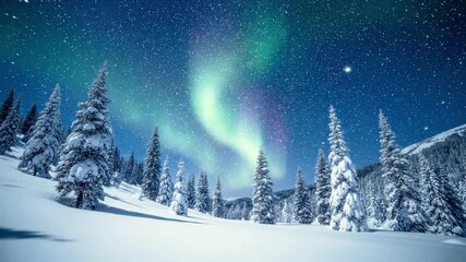 Snow-covered pine forest under a starry sky with green northern lights, a serene winter mountain landscape at night. - Powered by Adobe