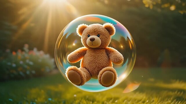 Cute plush teddy bear floating inside a shimmering soap bubble in a sunny garden, perfect for childhood themes and animated media.
