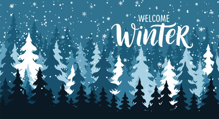Flat vector wallpaper of snowy pine forest with falling snowflakes and calm winter silhouettes. Ideal for seasonal backgrounds, winter décor, greeting cards, and holiday designs
