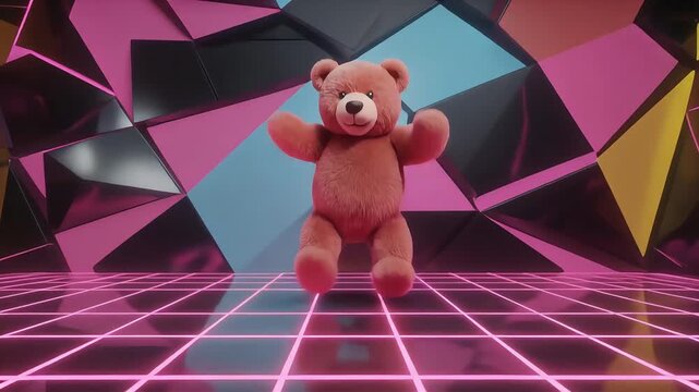 Playful fuzzy teddy bear dancing in an abstract vaporwave or synthwave 80s styled setting with geometric walls and pink neon grid, ideal for gaming streams and music visualizers.