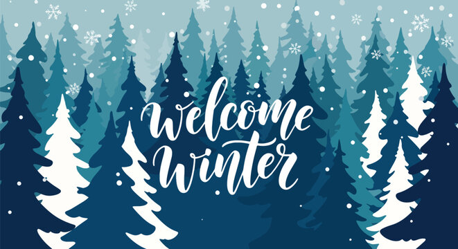 Flat vector wallpaper of snowy pine forest with falling snowflakes and calm winter silhouettes. Ideal for seasonal backgrounds, winter décor, greeting cards, and holiday designs