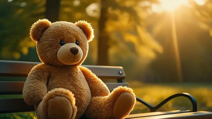 Soft focus close-up of a fluffy teddy bear sitting alone on a park bench during golden hour sunset, backlit by warm lens flares, conveying childhood memories and nostalgic advertising.