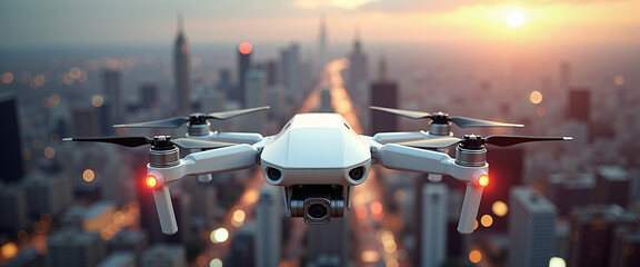 Drone flying over city skyline at sunset with skyscrapers in background  