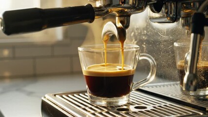 a coffee dripping from a modern espresso machine into a glass cup